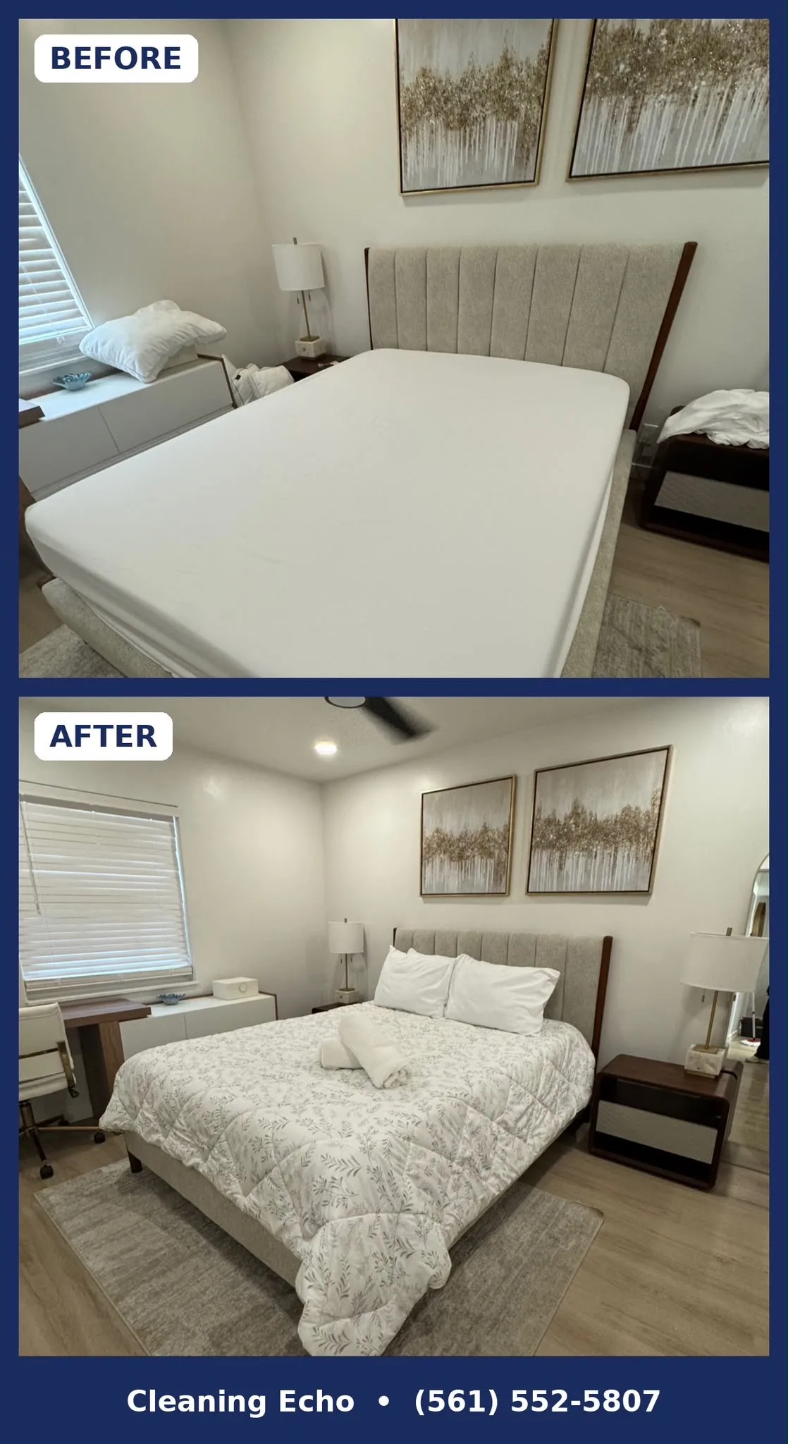 Before and after Airbnb bedroom turnover cleaning