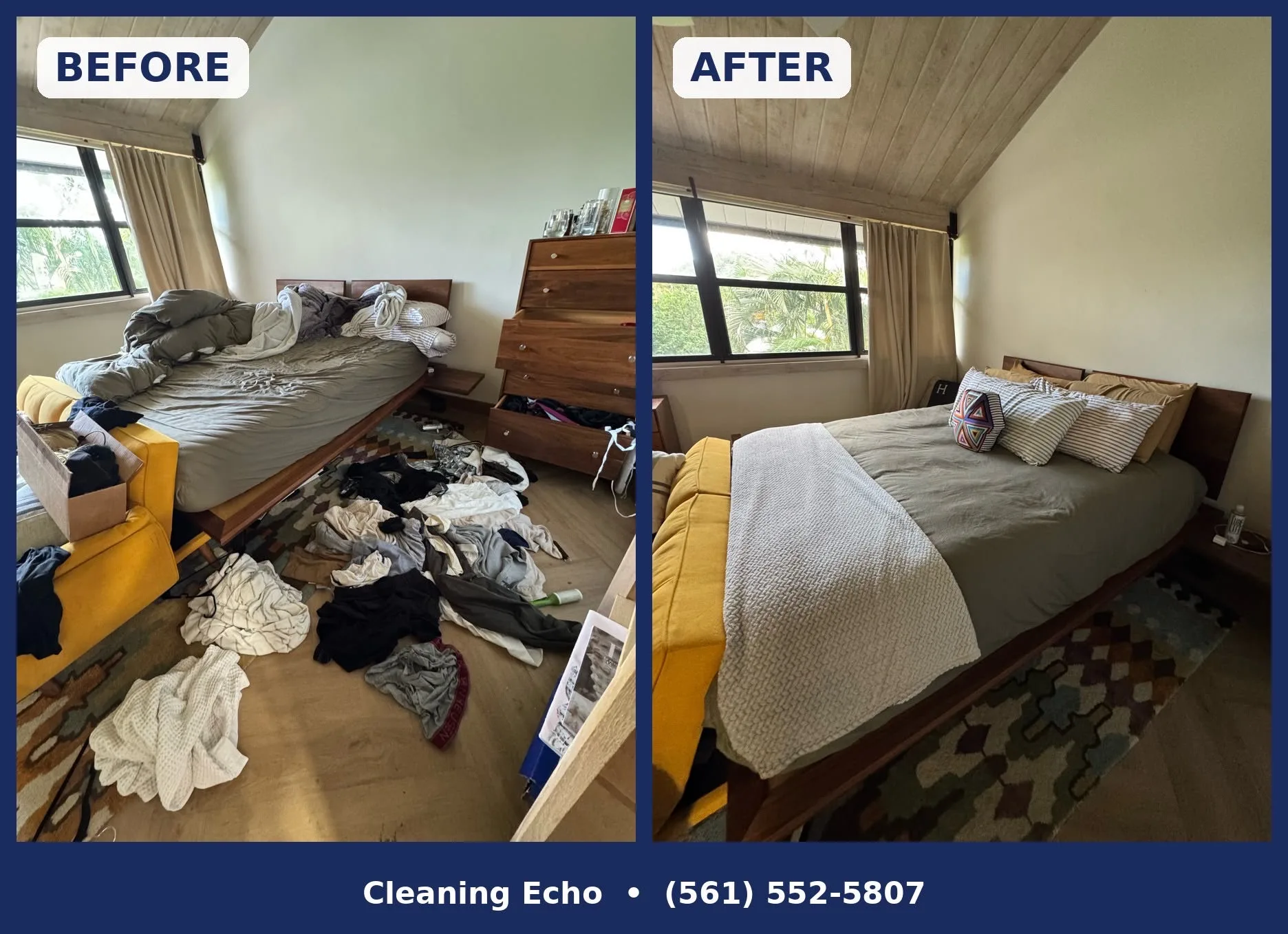 Bedroom before and after a Cleaning Echo cleaning in Pompano Beach