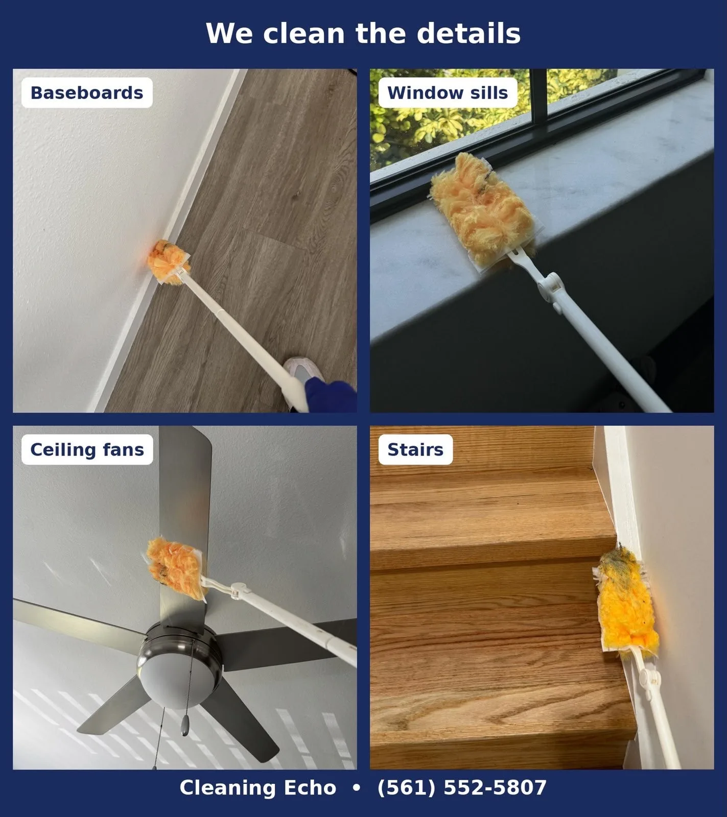 We clean the details: baseboards, windowsills and hard-to-reach spots