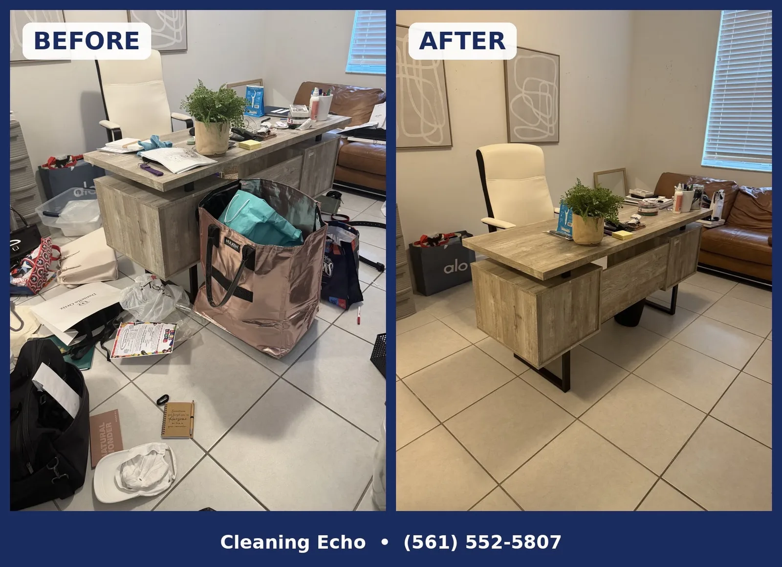 Before and after of an office cleaned by Cleaning Echo: cluttered desk and floor before, tidy desk and spotless tile floor after